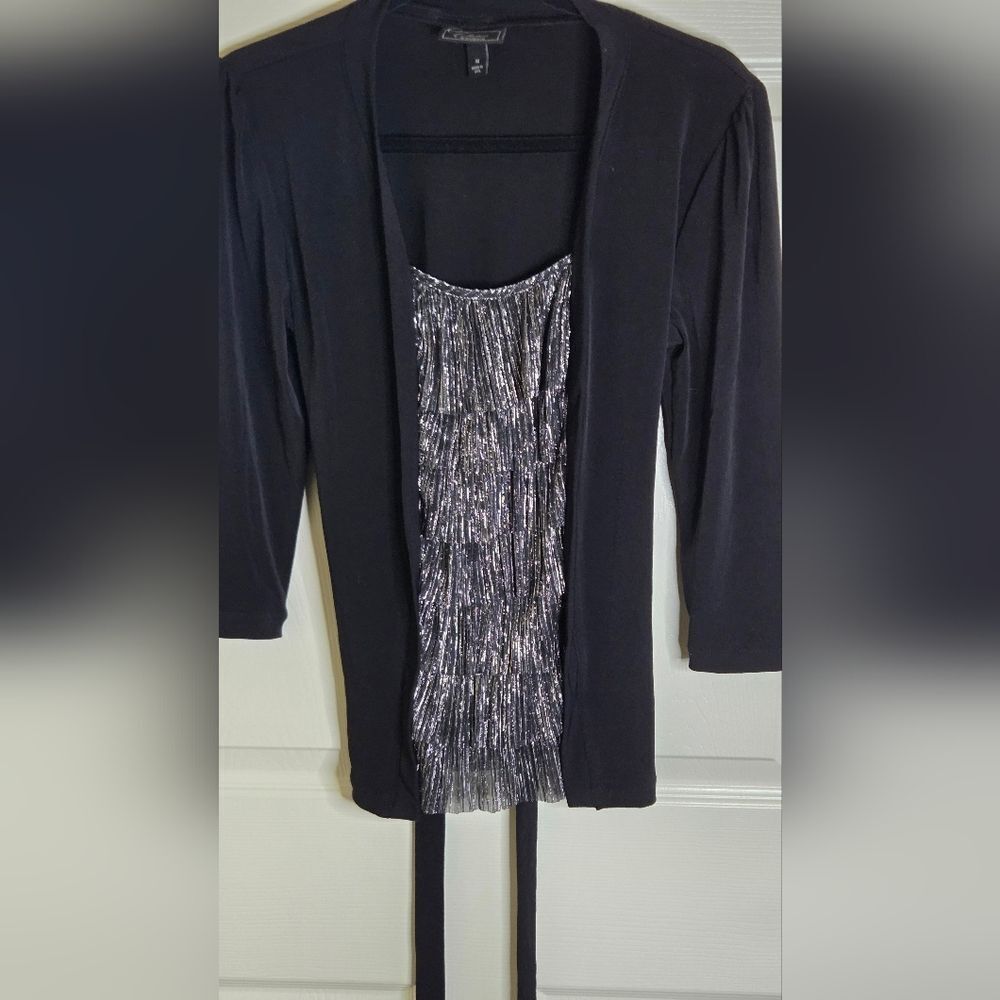 Dressbarn Collection M Black/Silver MetalicFringeCenter Belt 3/4Slv Women Blouse